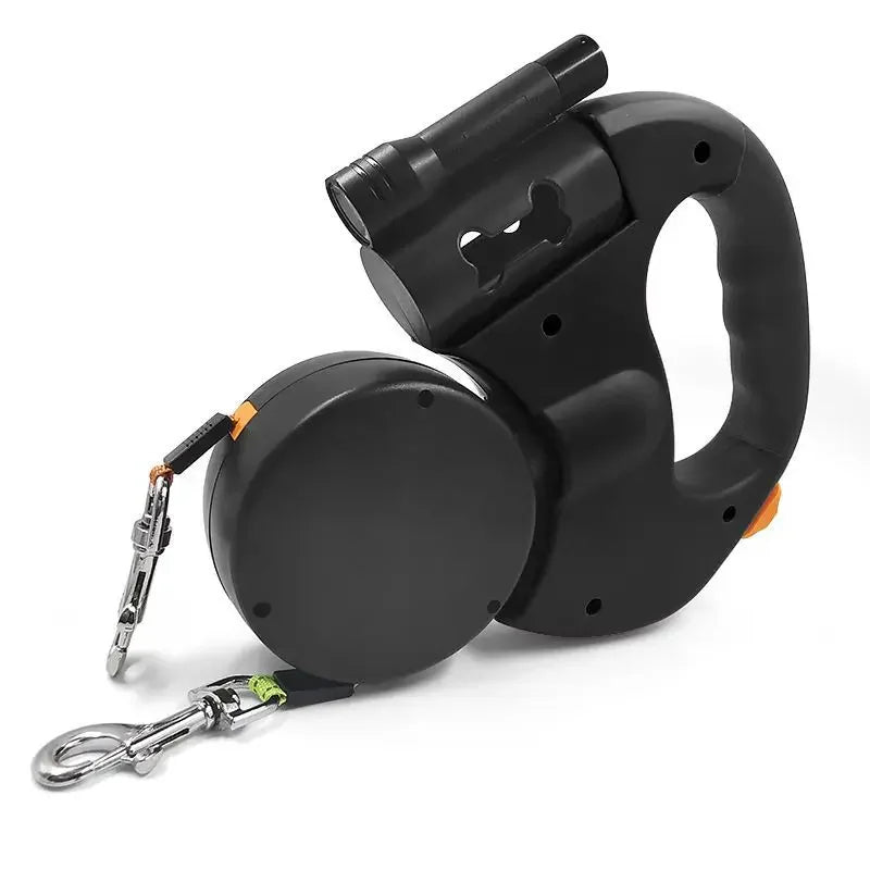 360° Dual Retractable Dog Leash – LED Flashlight & Waste Bag Dispenser