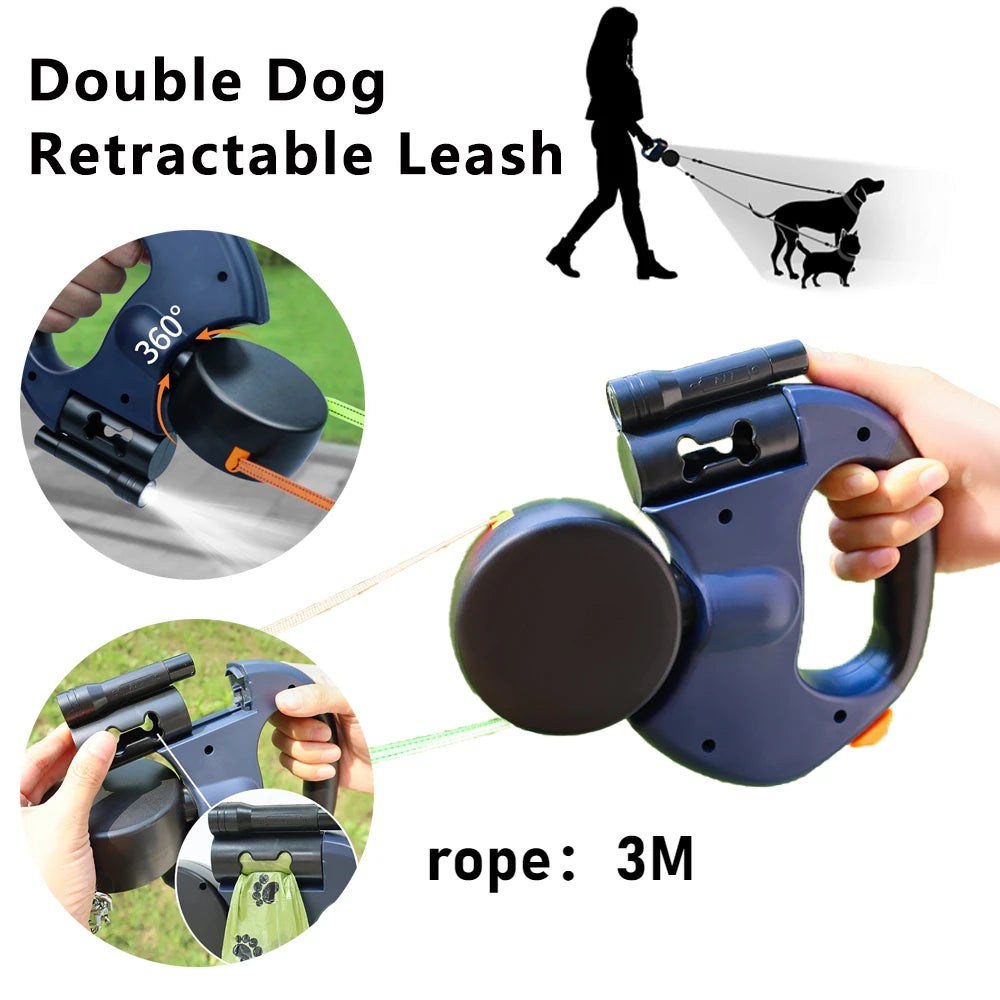 360° Dual Retractable Dog Leash – LED Flashlight & Waste Bag Dispenser
