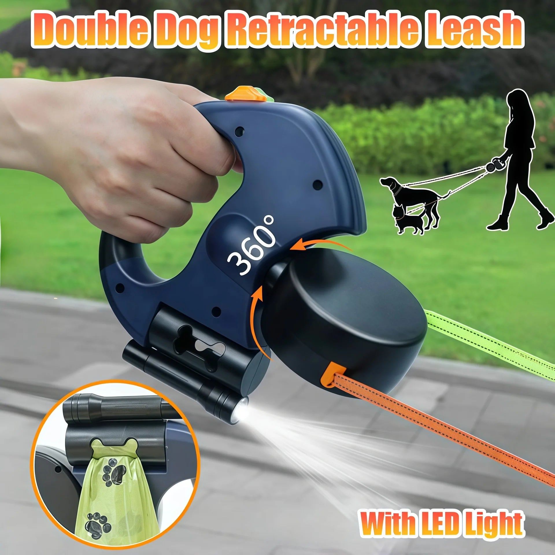 360° Dual Retractable Dog Leash – LED Flashlight & Waste Bag Dispenser