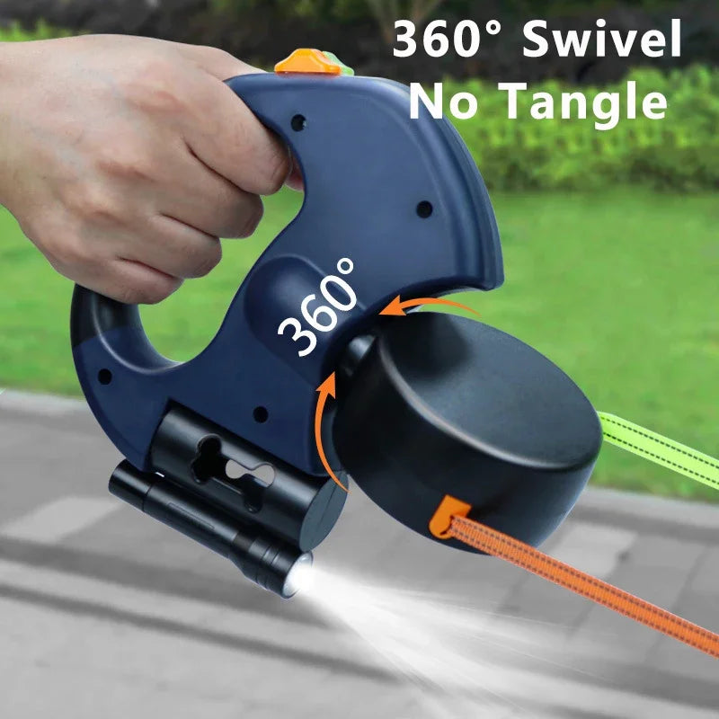 360° Dual Retractable Dog Leash – LED Flashlight & Waste Bag Dispenser