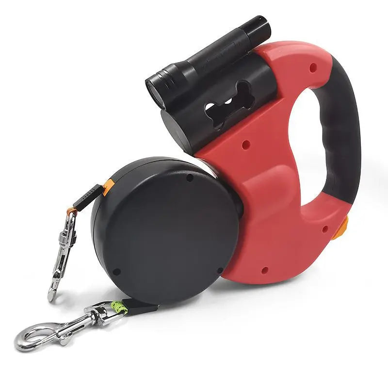 360° Dual Retractable Dog Leash – LED Flashlight & Waste Bag Dispenser