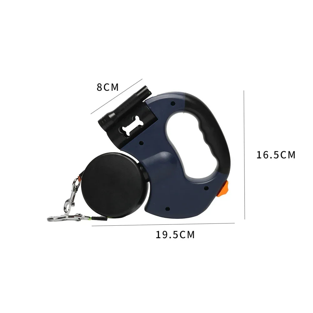 360° Dual Retractable Dog Leash – LED Flashlight & Waste Bag Dispenser