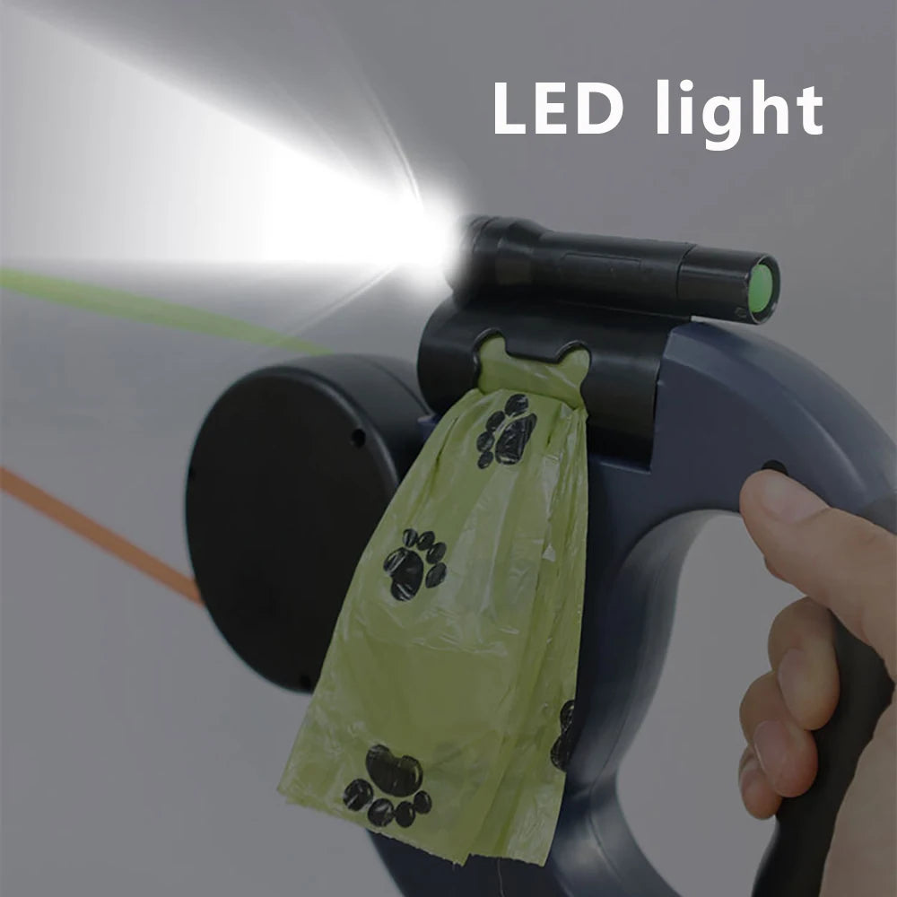 360° Dual Retractable Dog Leash – LED Flashlight & Waste Bag Dispenser